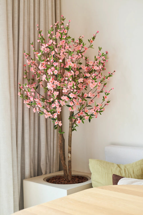 Artificial Cherry Blossom Plant 120 cm pink, med sine lyserøde kirsebærblomster, står ved siden af et træbord i et lyst, moderne rum, med et beige gardin og en lys sofa bagved.