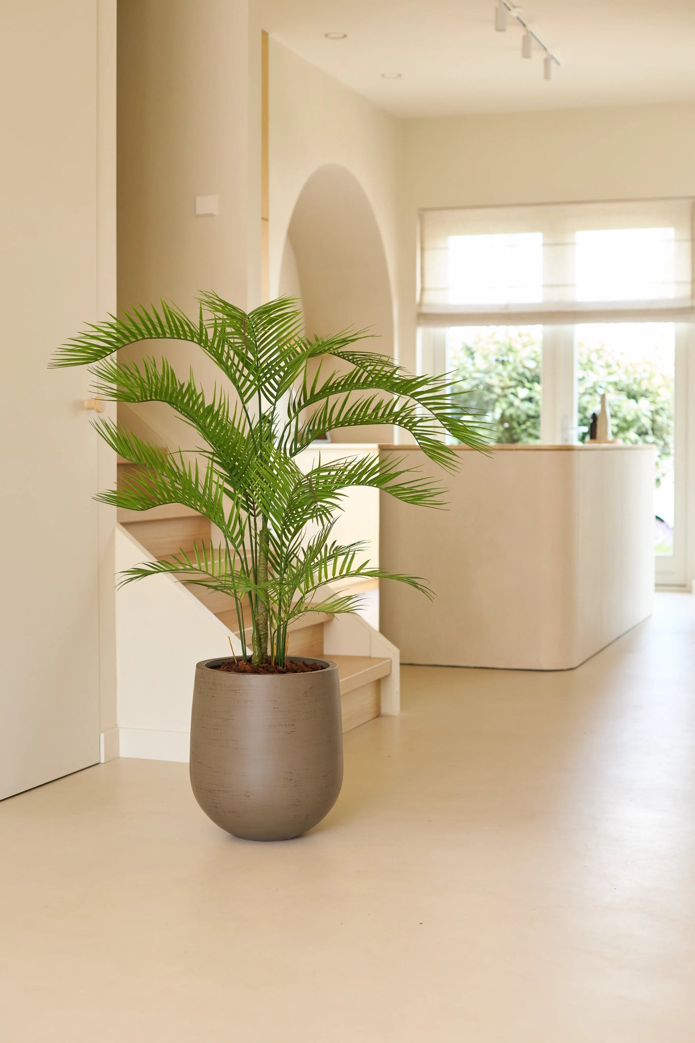 En kunstig plante Phoenix på 160 cm står på et lyst gulv i et lyst, moderne rum med store vinduer, cremefarvede vægge og minimalistisk indretning - og tilføjer charmen fra tropiske planter til dit luksuriøse interiør.