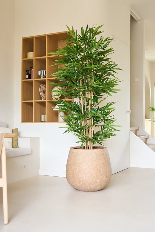 Den Kunstige Plante Bambus 180 cm, med sin høje statur og slanke grønne blade, står i et moderne, minimalistisk rum med lyse vægge, åbne hylder og en neutral indretning.