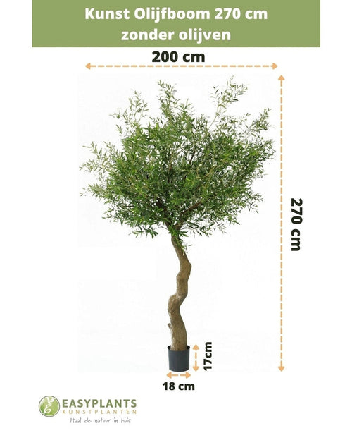 Kunstigt oliventræ 270 cm uden oliven i potte, i alt 270 cm højt og 200 cm bredt. Potten er velegnet til dekorative potter, højde 17 cm, diameter 18 cm. Hollandsk tekst ovenfor/nedenfor viser størrelser og branding.