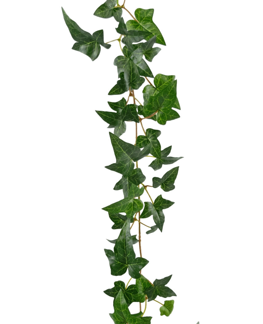 De Kunst hangplant Klimop Boston Slinger 180 cm groen is een levensechte groene klimop met puntige bladeren, ontworpen om verticaal te klimmen tegen een witte achtergrond.