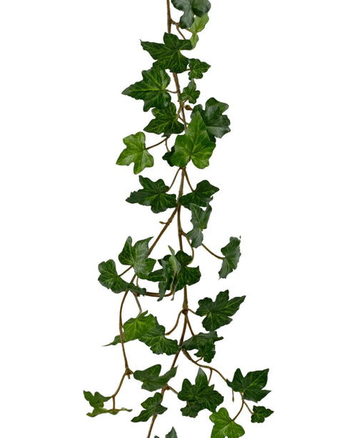 Den kunstige hængeplante Ivy guirlande deluxe 180 cm grøn har en realistisk hængende streng af grøn efeu med flere spidse blade på en tynd ranke, smukt isoleret på en hvid baggrund.
