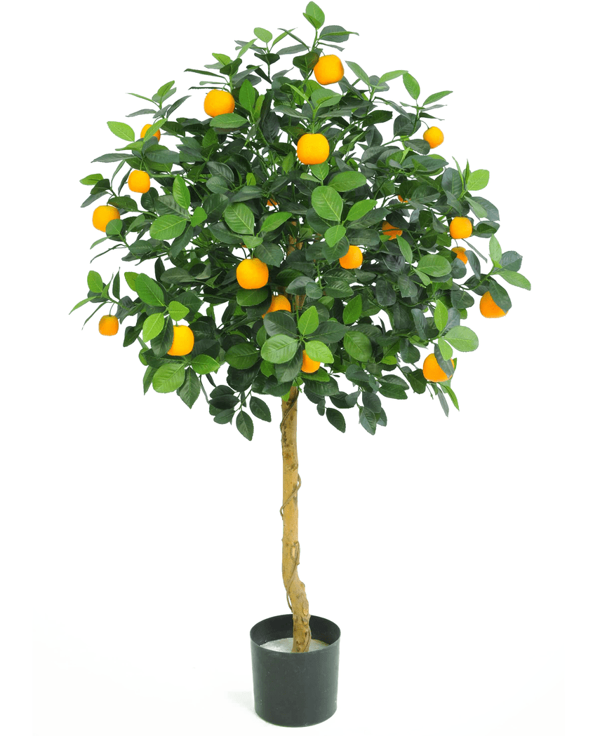 De Kunst sinaasappelboom 120 cm heeft een enkele gedraaide stam, dichte groene bladeren en feloranje vruchten. De kleurvaste kunststof boom wordt prachtig gepresenteerd tegen een witte achtergrond.