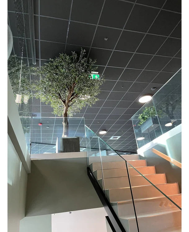 Een moderne binnentrap met glazen leuningen leidt naar een overloop met daarop de Kunst Olijfboom met olijven (270 cm) in een grote pot, geplaatst onder een plafond met rasterpatroon, inbouwverlichting en een zichtbaar groen nooduitgangbord.
