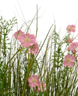 Artificial Grass Pink Gesang Flower Onion Grass Pot 90cm Brandhæmmende har lyserøde blomster med et lysegrønt hjerte, der blomstrer blandt højt, tyndt græs og frodige løvplanter, alt sammen mod en hvid baggrund.