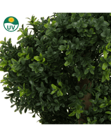 Nærbillede af tætte, grønne blade af Artificial Buxus Spiral Roman stil UV 90cm, med et lille grønt UV-ikon i øverste venstre hjørne med en sol og bogstaverne UV.