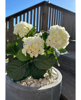 Artificial Hydrangea White UV 35 cm-planten, med hvide blomster og grønne blade, står udenfor på hvide småsten på en solskinsdag med terrasserækværk af træ og en trappe i baggrunden.