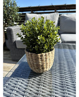 Den kunstige plante Buxus grøn i potte UV 19 cm, med grønne blade i en flettet kurvformet potte, står på et udendørs glasbord med havemøbler og et trægelænder synligt under en klar blå himmel.