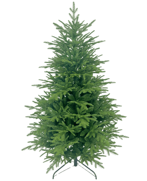 Det kunstige juletræ "Åsmund" PE/PVC er et fuldt, grønt kunstigt juletræ med tætte grene, der står oprejst på en metalfod mod en almindelig hvid baggrund.