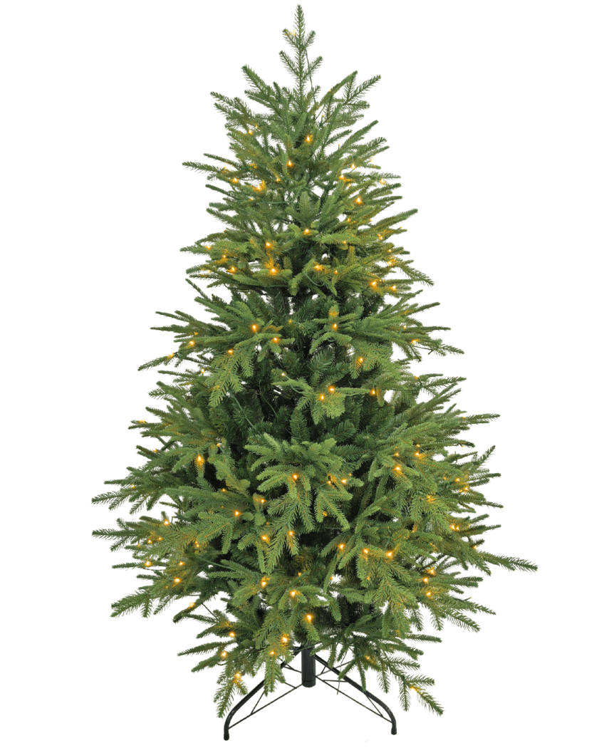 Det kunstige juletræ "Åsmund" PE/PVC - Smart LED er et grønt kunstigt træ med sort metalfod, udstyret med små, jævnt fordelte varmhvide lys og uden pynt eller trætop.