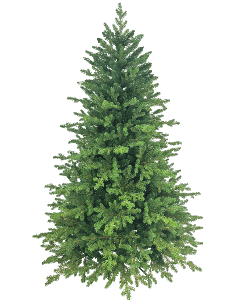 Det kunstige juletræ "Ibsen" PE/PVC er fyldigt og grønt med tætte grene mod en almindelig hvid baggrund, klar til din yndlings julepynt.