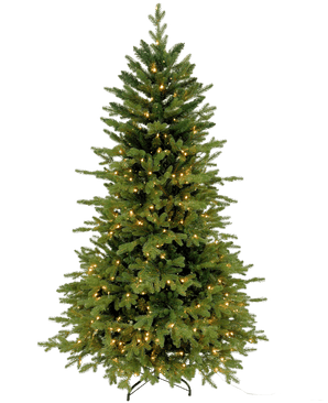 Det kunstige juletræ "Ibsen" PE/PVC - Smart LED står på en sort metalbund mod en hvid baggrund, dets frodige grønne grene fyldt med små varmhvide lys og uden ekstra julepynt eller pynt.