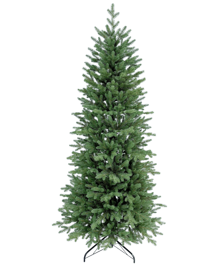 Artificial Christmas Tree Slim "Undset" 100% PE er et højt kunstigt juletræ med tætte grønne PE-grene, føles ægte og står på en sort metalbund. Det er udekoreret og vist mod en almindelig hvid baggrund.