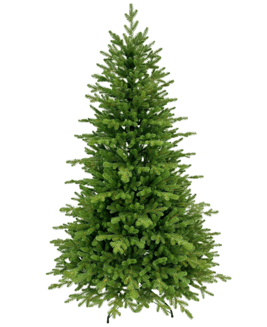 Det kunstige juletræ "Vinje" 100% PE er et frodigt, grønt kunstigt juletræ med tætte PE-grene og en symmetrisk, naturlig form, som står udekoreret mod en almindelig hvid baggrund.