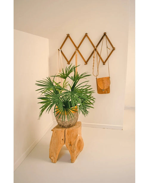 Artificial Plant Baby Palm Fan i potte UV 50 cm sidder på en træskammel i et minimalistisk rum. Bag den viser et brunt harmonika-stil vægstativ brune og solbrune lædertasker mod en sprød hvid væg.