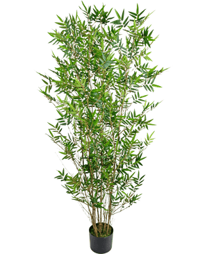 The Artificial Plant Bamboo Deluxe 150 cm er en høj bambusplante i en potte med slanke grønne blade og flere tynde stængler, fotograferet mod en almindelig hvid baggrund.