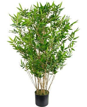 Artificial Plant Bamboo Deluxe 90 cm er en høj, bladgrøn kunstig bambus med slanke grene og lange, smalle blade i en sort potte, afbildet mod en almindelig hvid baggrund.