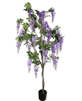 The Artificial Wisteria Plant 210 cm er en kunstig blåregn i en krukke med grønne blade og lilla blomsterklaser mod en almindelig hvid baggrund.