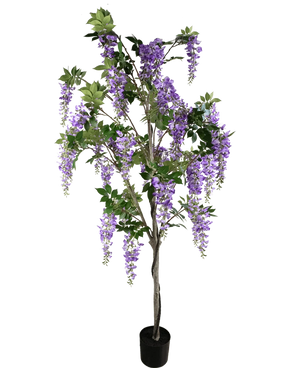 The Artificial Wisteria Plant 210 cm er en kunstig blåregn i en krukke med grønne blade og lilla blomsterklaser mod en almindelig hvid baggrund.