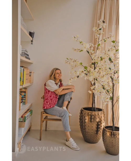 En person sidder smilende på en træstol ved siden af den kunstige bougainvillea 180 cm hvid i en guldfarvet gryde med tekstur. Til venstre ses en bogreol med bøger og indretning; dagslyset strømmer ind fra et vindue til højre.