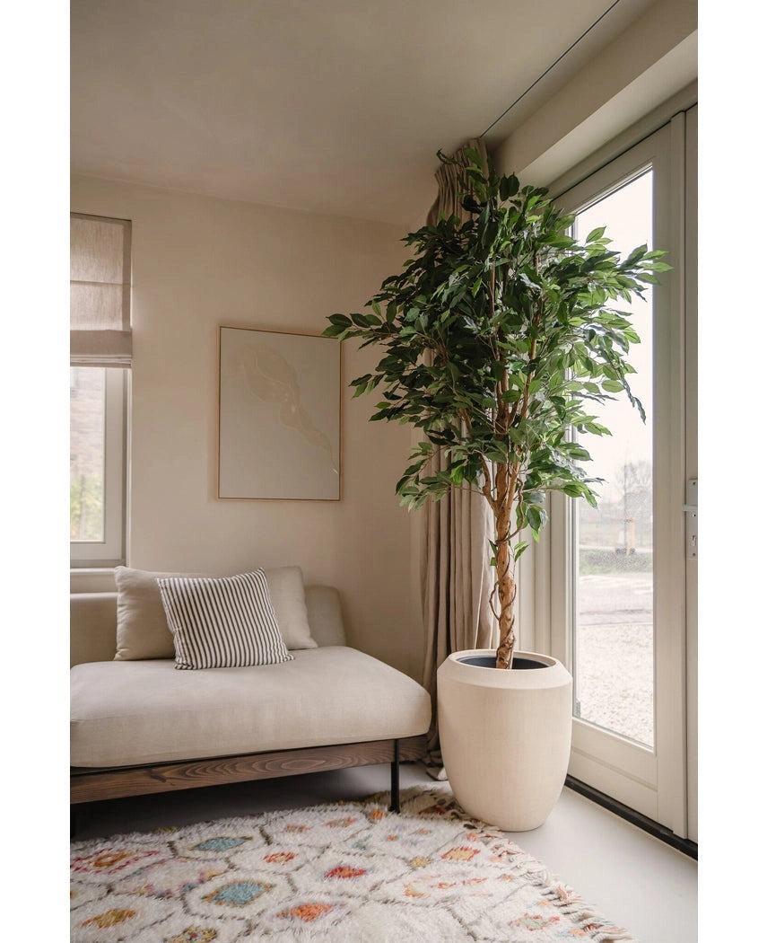En moderne stue med en beige sofa, en pude med striber, abstrakt vægkunst, et mønstret tæppe, et gulv-til-loft vindue med gennemsigtige gardiner, der slipper naturligt lys ind og en kunstig planteficus Grøn 210 cm.