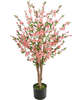 Artificial Cherry Blossom Plant 120 cm pink har flere brune stængler med lyserøde blomster og grønne blade, i en sort potte med grønt mos i bunden, mod en hvid baggrund.