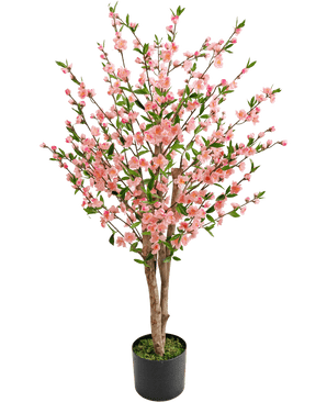 Artificial Cherry Blossom Plant 120 cm pink har flere brune stængler med lyserøde blomster og grønne blade, i en sort potte med grønt mos i bunden, mod en hvid baggrund.