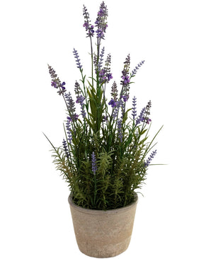 Den kunstige lavendel 51 cm i dekorativ potte har lange grønne stængler og små lilla blomster i en lys krukke, mod en hvid baggrund.