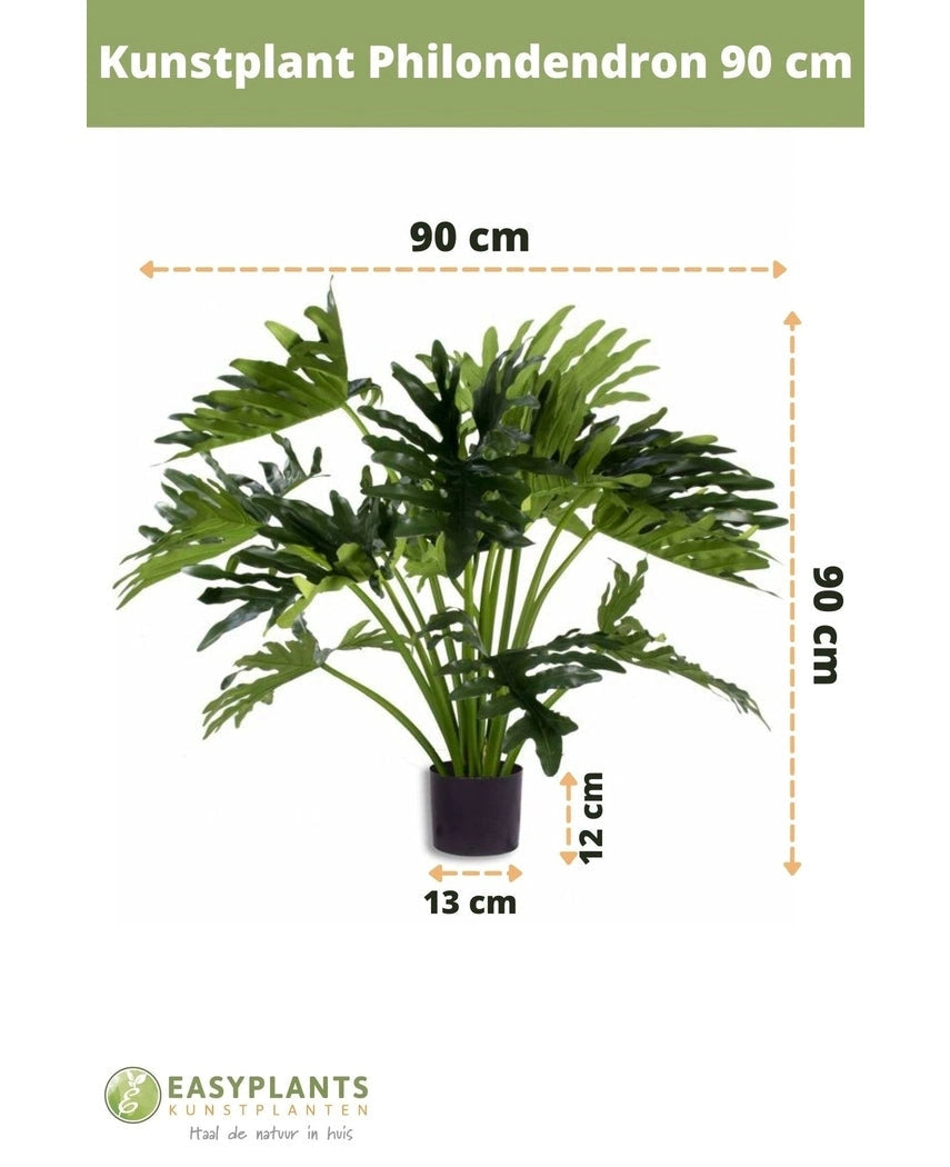 Kunstplant Philodendron UV 90 cm in een zwarte pot, met 90 cm brede bladeren. Perfect voor elke ruimte. Potmaat: 12 cm hoog, 13 cm breed. Easyplants logo onderaan.