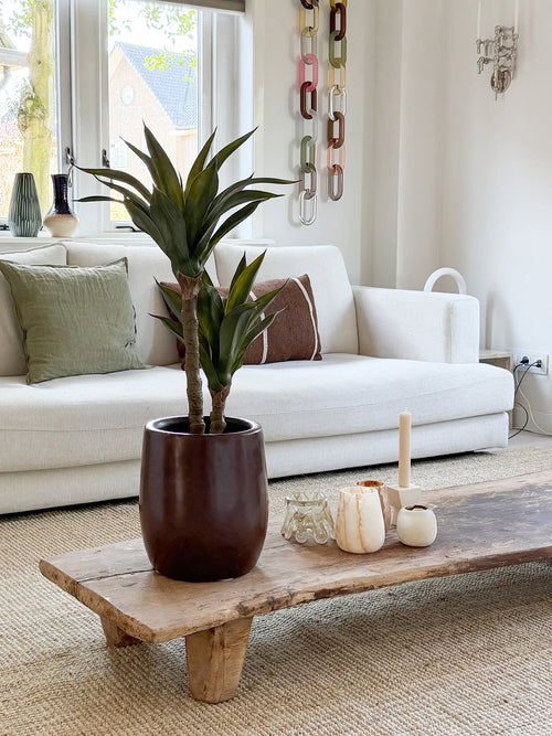 En moderne stue med en hvid sofa, grønne og brune hynder, et sofabord i træ dekoreret med stearinlys og den kunstige agaveplante 76 cm, og en vægdekoration i kædenet. Der kommer naturligt lys ind gennem vinduerne bag sofaen.