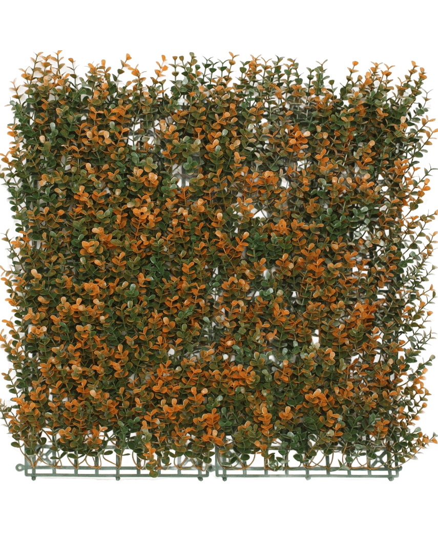 Artificial Hedge Buxus orange 50x50 cm UV er et kvadratisk kunstigt panel med grønt og orange løv på et plastgitter, ideel som en dekorativ hæk eller privatskærm, vist her mod en almindelig hvid baggrund.