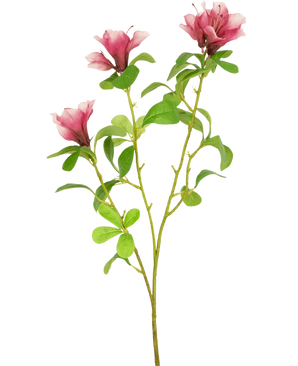 En enkelt kunstig blomst Rhododendron Azalea 73 cm fuchsia stilk med tre blomstrende lyserøde blomster og flere grønne blade på en hvid baggrund.
