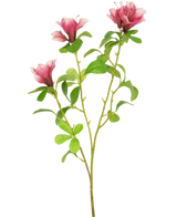 En enkelt kunstig blomst Rhododendron Azalea 73 cm fuchsia stilk med tre blomstrende lyserøde blomster og flere grønne blade på en hvid baggrund.