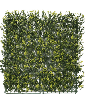 Artificial Hedge Boxwood Yellow 50x50 cm UV er et firkantet panel af tæt kunstigt grønt løv med gule blade, designet til at ligne en hæk eller havevæg, mod en almindelig hvid baggrund.