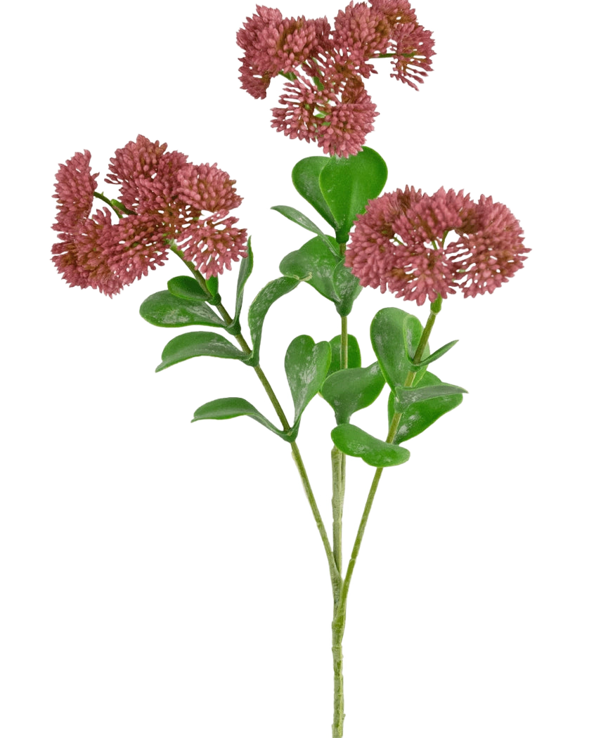 En kunstig gren Sedum 56 cm pink med grønne blade og bundter af små, runde, tjavsede pink-røde blomster mod en hvid baggrund.