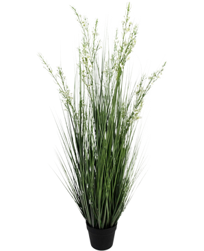 Artificial Grass Hirse-Onion Grass Bonsai 120 cm brandhæmmende middel har høje, slanke grønne blade og små hvide blomster i en simpel sort potte, mod en almindelig hvid baggrund.