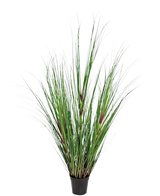 Artificial Gras Plant Onion 120 cm brandhæmmende middel har lange, tynde grønne blade med rødbrune accenter, præsenteret i en potte mod en almindelig hvid baggrund.