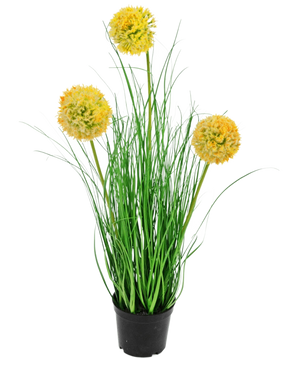 Kunstgræsplanteløg 50 cm brandhæmmende middel har lange, tynde grønne blade og tre runde gule luftige blomster på høje stængler, som tilføjer grøn havecharme mod en almindelig hvid baggrund.