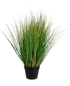 Artificial Grass Onion Grass Bonsai med potte er en 70 cm høj, brandhæmmende kunstgræsplante med lange grønne blade i en sort potte, mod en almindelig hvid baggrund.