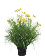Kunstgræsplanten Asteraceae 100 cm brandhæmmende har lange, smalle blade og klaser af knaldgule blomster på høje stængler. Denne vedligeholdelsesfrie plante ser smuk ud i ethvert interiør på en hvid baggrund.
