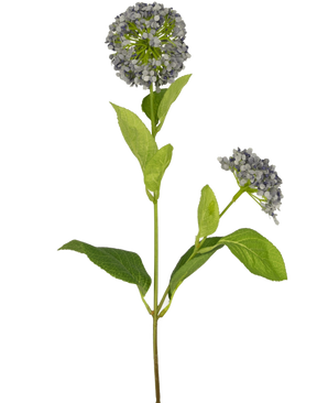 En enkelt kunstig blomst snebold/Viburnum 70 cm lilla med en grøn stilk, brede blade og to bundter af små lilla blomster, isoleret på en hvid baggrund.