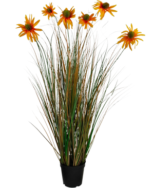 Kunstgræs Chrysanthemum Onion Pot 90 cm brandhæmmende middel har høje, grønne og brune græslignende blade med syv orange kunstige tusindfryd blomster i en sort potte, mod en hvid baggrund.