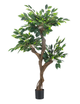 Den kunstige plante Ficus Crazy 120 cm er et højt kunstigt træ i en potte med flere brune stammer og tætte grønne blade, afbildet på en almindelig hvid baggrund.