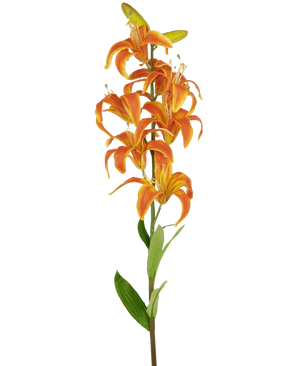 Artificial Flower Martagon Lily 78 cm orange har en enkelt stilk med flere levende orange liljeblomster og grønne blade, mod en almindelig hvid baggrund.