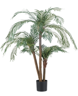 Artificial Palm Cycas Classic 135 cm har flere slanke stammer og lange, hvælvede grønne blade, i en simpel sort potte mod en almindelig hvid baggrund.