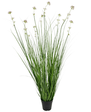 Kunstgræs Porreblomstløg Græspotte 120 cm brandhæmmende middel har lange grønne græslignende blade og lange stængler med lyslilla blomsterklaser, perfekt til at tilføje naturtro grønt til ethvert rum.