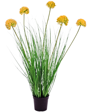 Kunstgræsplanteløg 70 cm brandhæmmende middel har lange, tynde grønne blade og høje stængler med runde gule blomsterklaser, så den skiller sig smukt ud mod en hvid baggrund.