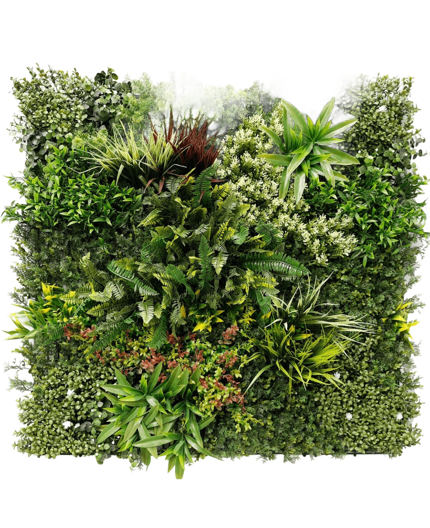 Artificial Hedge Prestiage 100x100 cm UV er et tæt lodret havepanel med forskellige grønne planter og løv i et firkantet arrangement, med forskellige bladformer, størrelser og grønne nuancer.