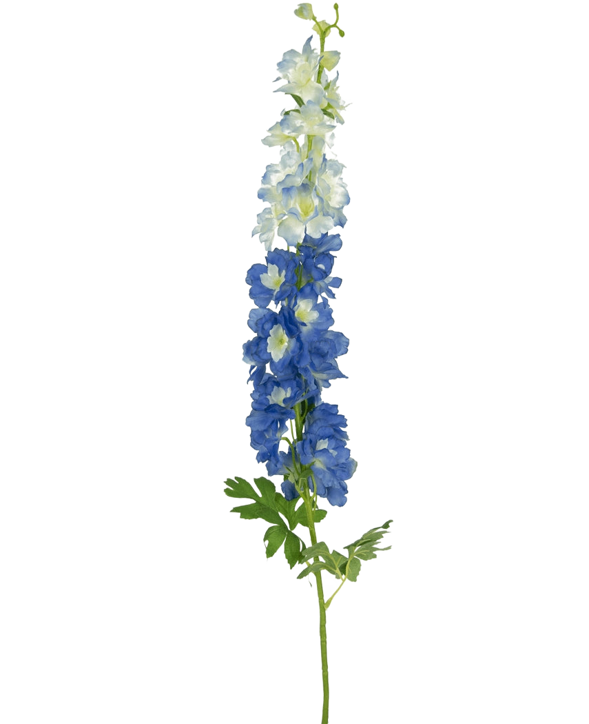 Den kunstige blomst Delphinium 105 cm blå har en enkelt lang stilk med blå-hvide blomster og grønne blade, mod en almindelig hvid baggrund.