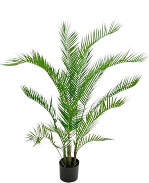 Den kunstige plante Chamaedorea 120 cm er en kunstig palme med lange, slanke grønne blade i en sort rund potte, mod en almindelig hvid baggrund.